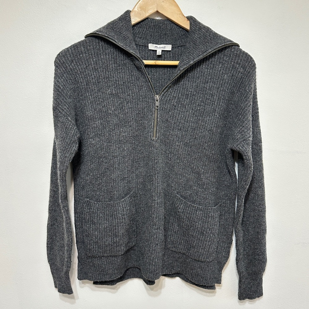 Madewell Quarter Zip Sweater Womens XS Charcoal Gray Merino Wool Ribbed Pullover